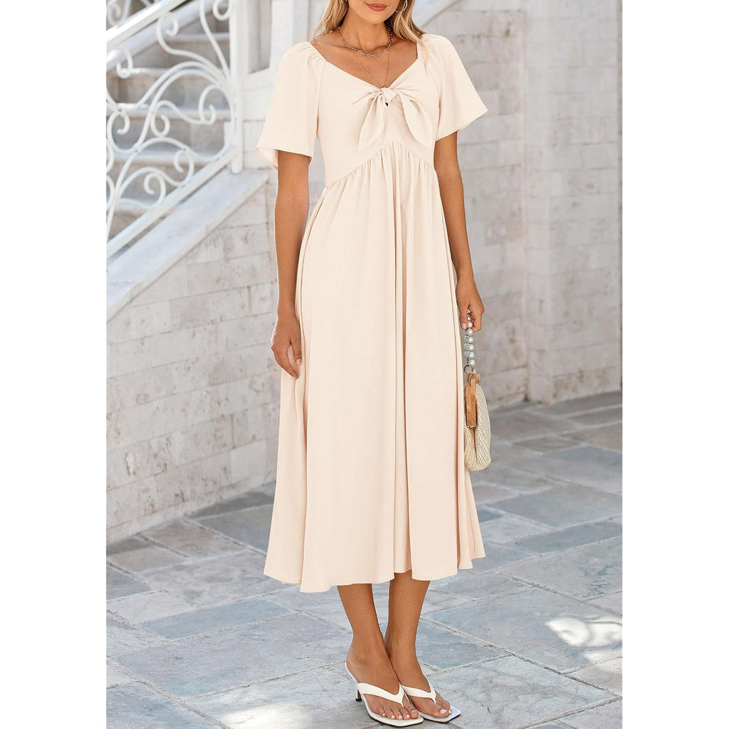 Prettygarden Summer Dress For Women 2026 Casual Short Sleeve Bow Tie V Neck Ruffle Midi Flowy Dresses