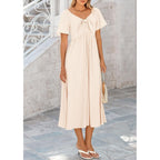 Prettygarden Summer Dress For Women 2026 Casual Short Sleeve Bow Tie V Neck Ruffle Midi Flowy Dresses