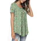 Women's Tunic Tops Short Sleeve Henley Pleated Blouse Loose Fit Summer Shirts for Leggings