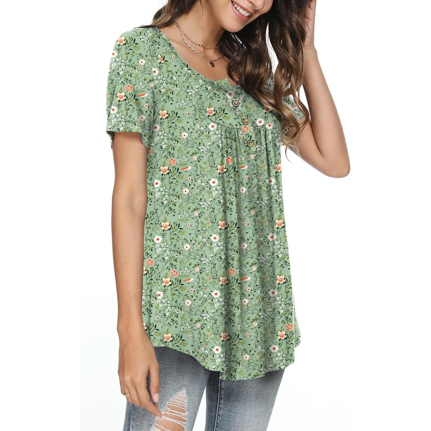 Women's Tunic Tops Short Sleeve Henley Pleated Blouse Loose Fit Summer Shirts for Leggings