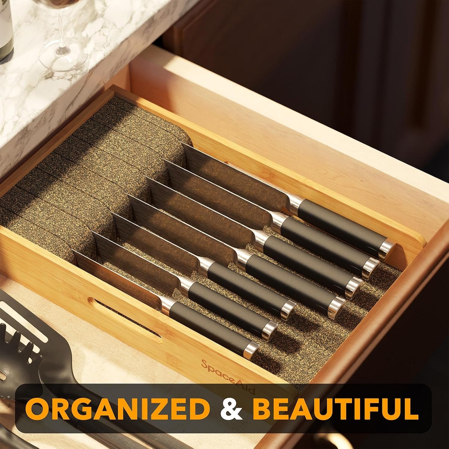 Spaceaid Knife Drawer Organizer 9 Inches Wide Bamboo Insert Dock, Kitchen Steak Knives Holder Organizers Block For Drawer In Storage Organization (Medium, Natural)