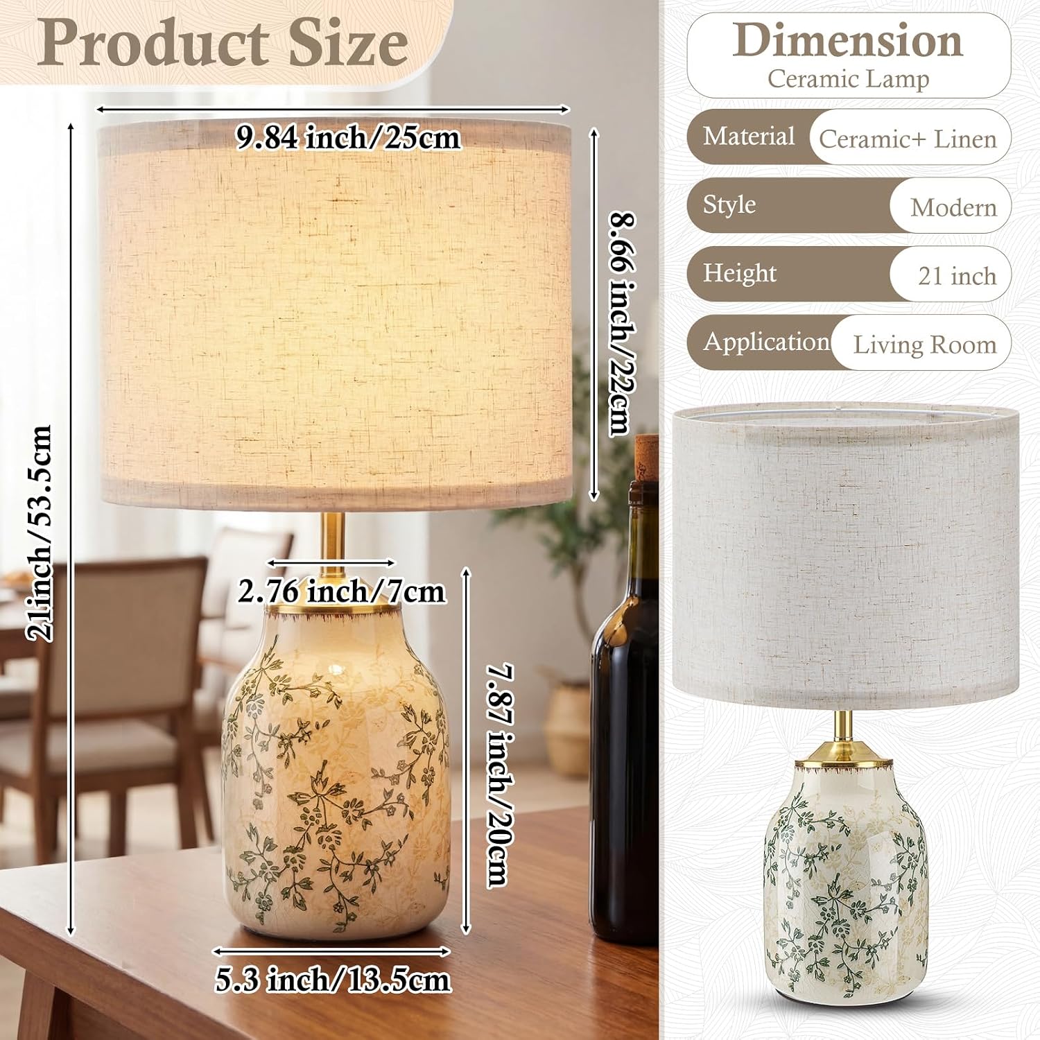Tellingyou 1 Pcs 21" Vintage Green Ceramic Lamp With Beige Linen Shade Farmhouse Modern Table Lamp Ice Cracked Rose Floral For Bedroom Living Room Office Dorm Desk Table Rocker, Bulbs Not Included