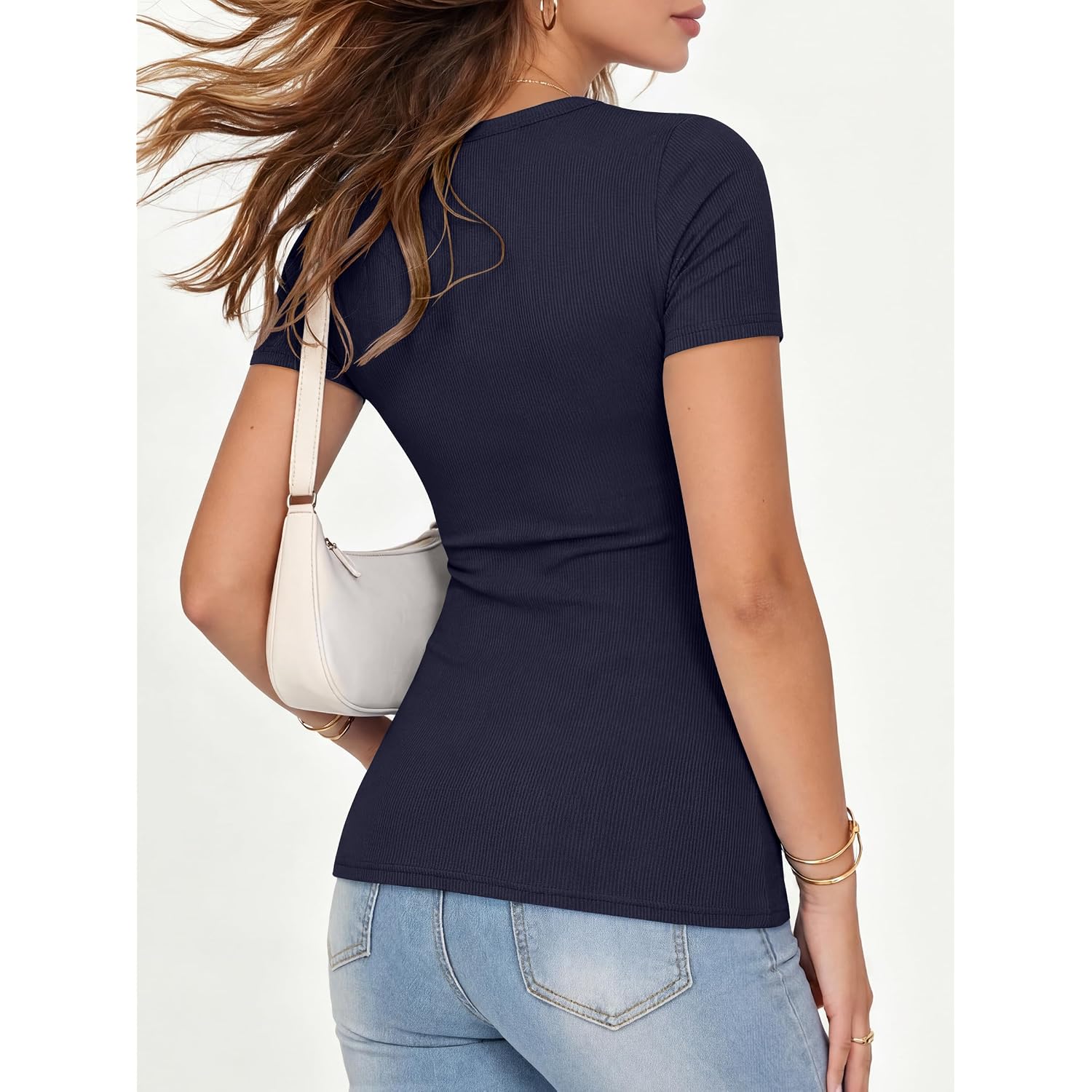 ANRABESS Women Short Sleeve Crewneck Ribbed Knit Slim Fitted Shirts Summer Tops Basic Tee Casual 2026 Spring Outfits Clothes