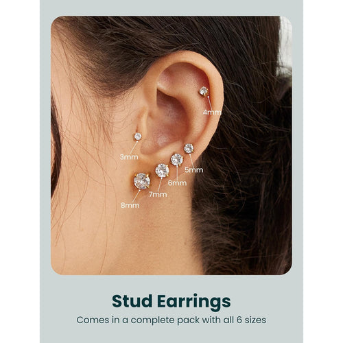 6 Pairs Stud Earrings Set, Hypoallergenic Cubic Zirconia 316L Earrings Stainless Steel CZ Earrings 3-8mm