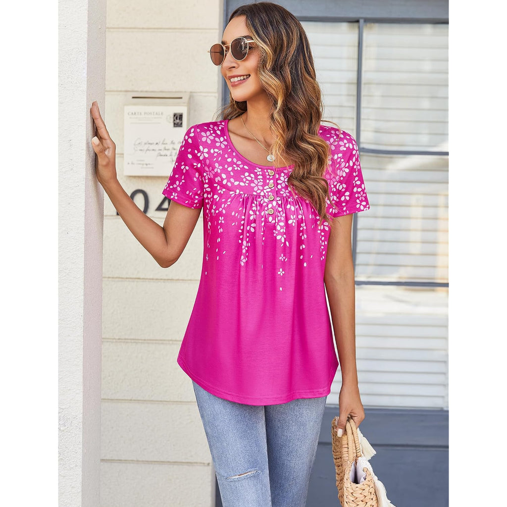 Zeagoo Women Tunic Tops Dressy Casual Summer Short Sleeve Shirts Floral Loose Fit Pleated Boho Top S-XXL