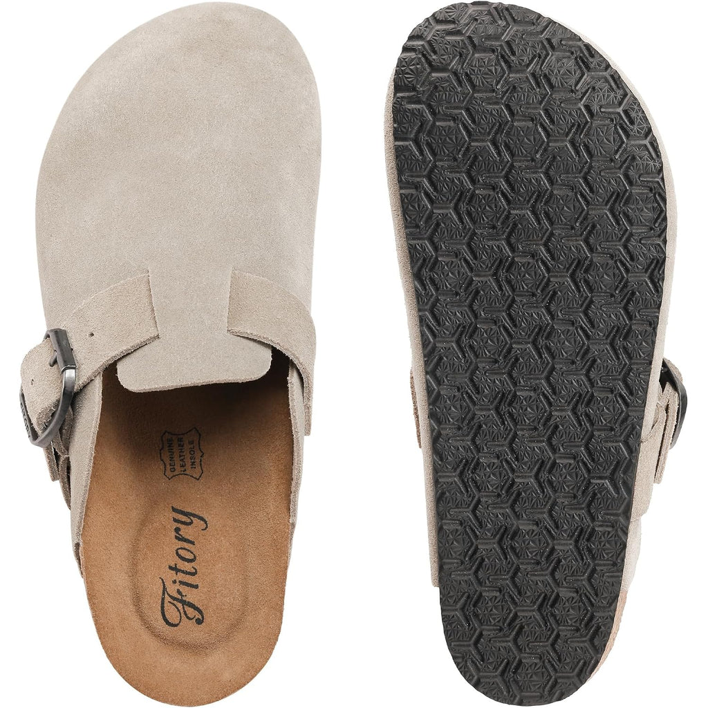 Fitory Womens Clogs Slip-On Potato Shoes Leather Mules With Suede Cork Footbed Size 6-11