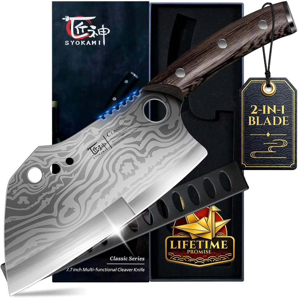 Meat Cleaver Chef Knife With Sheath, 7.7 Inch Butcher Knife With Herb Stripper, Chopping Knife Heavy Duty Bone Cutting, Damascus Pattern Full Tang Wood Handle, Birthday Gift For Men