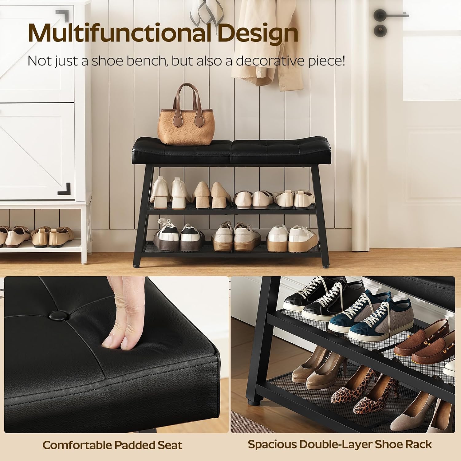 Shoe Bench, 3-Tier Shoe Rack, Entryway Bench With Storage And Cushion, For Hallway, Foyer, Bedroom, Black Hx02Bb