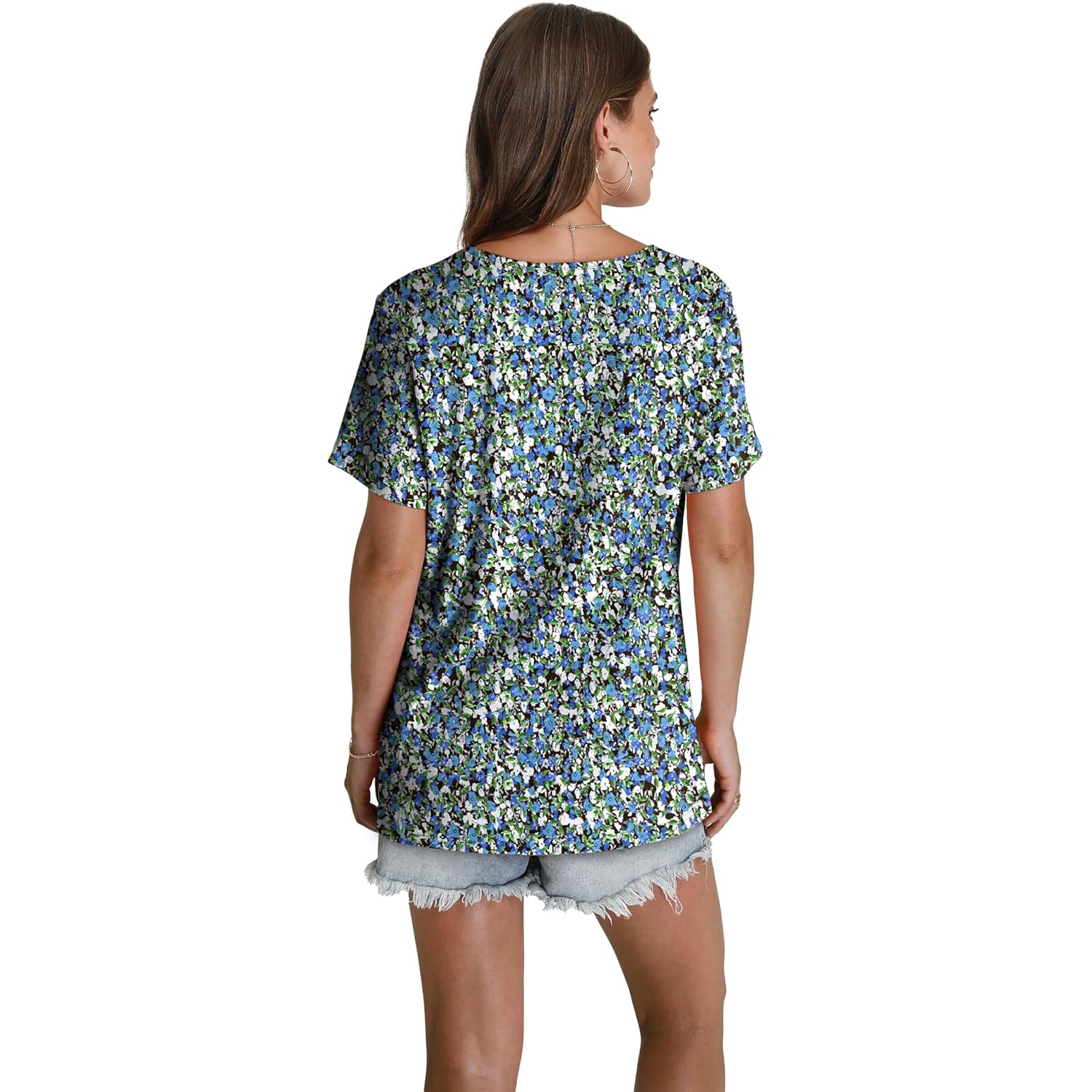 Womens T Shirts Short Sleeve Pleated Dressy Casual V Neck Summer Tops Blouses