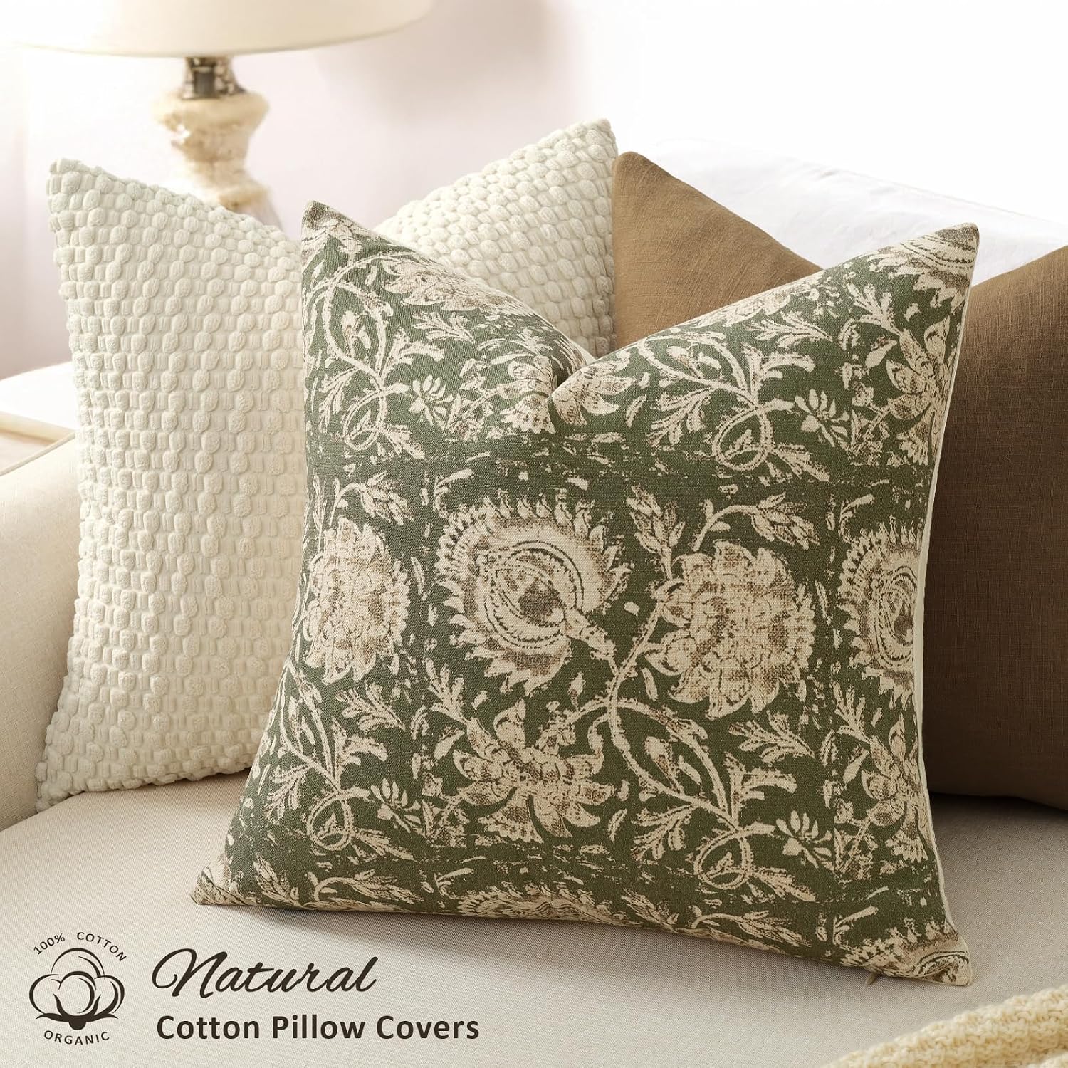 Vintage Floral Print Throw Pillow Covers 20X20 Set Of 2 Neutral Modern Farmhouse Pillowcase Accent Decorative Cushion Covers Boho Home Decor For Couch Sofa Chair Bed Living Room, Olive Green