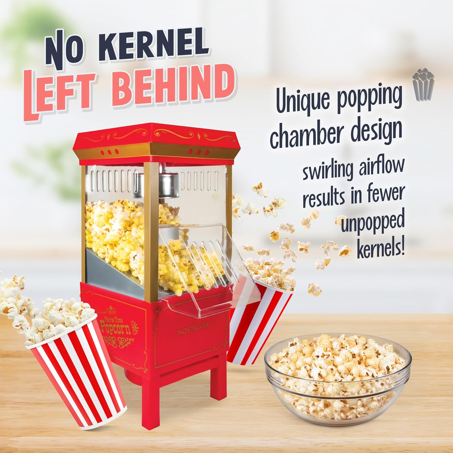 Nostalgia Vintage Hot-Air Popcorn Maker Machine - Makes Up To 12 Cups - Oil-Free - Healthier Popcorn - Classic Stand-Up Cart With Wheels - Includes Kernel Measuring Cup - Red