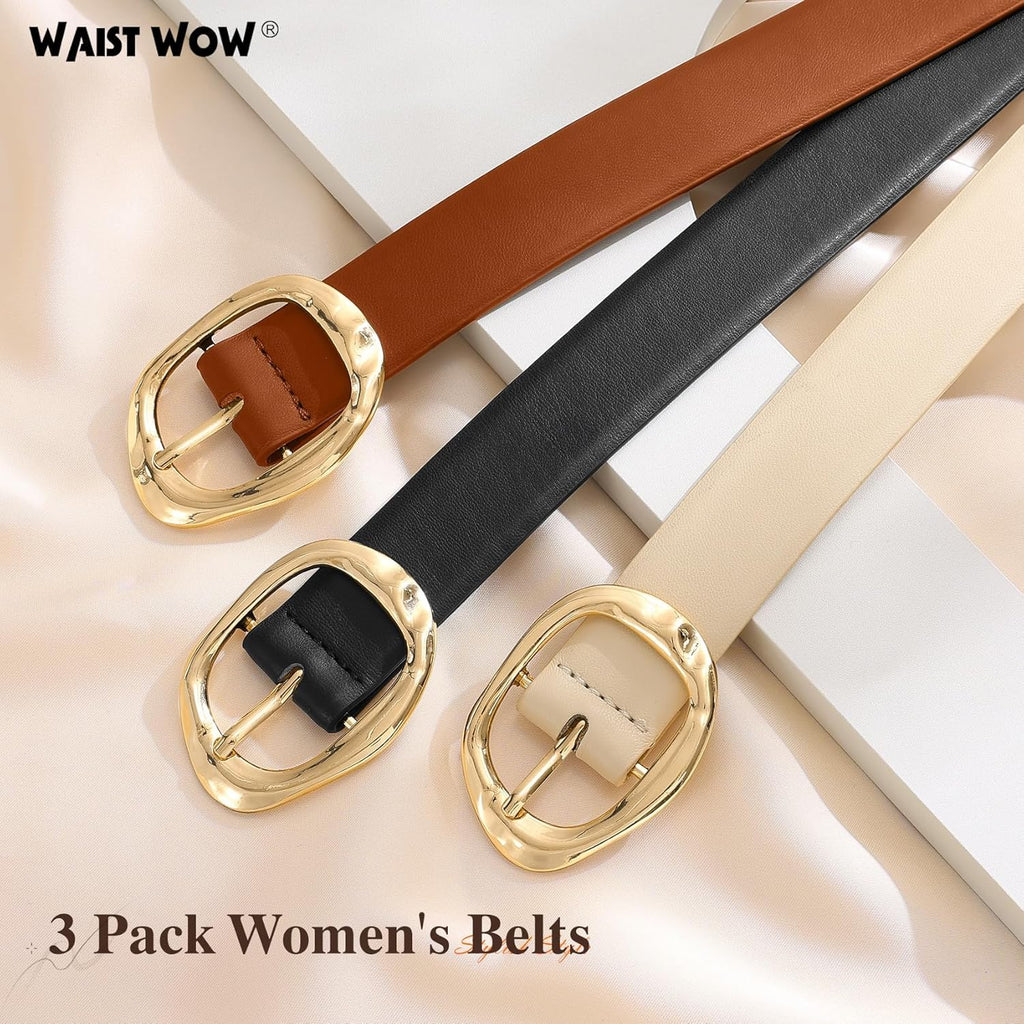 3 Pack Women Belts for Jeans Pants Dresses Ladies Leather Belt Fashion Waist Belt with Liquid Shapes Gold Buckle