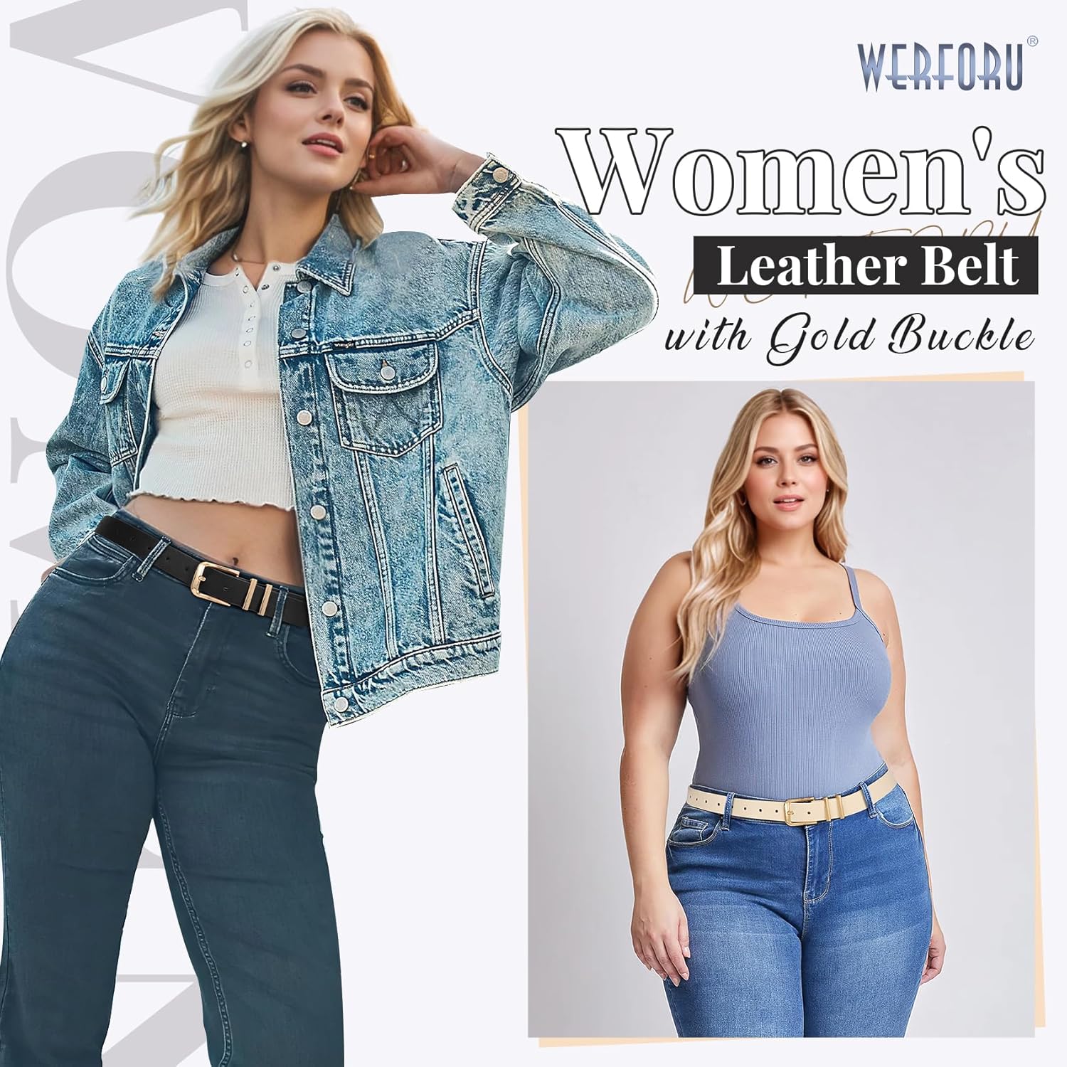 WERFORU 3 PACK Women Belt Women Fashion Leather Belts for Jeans Pants Ladies Belts with Gold Buckle