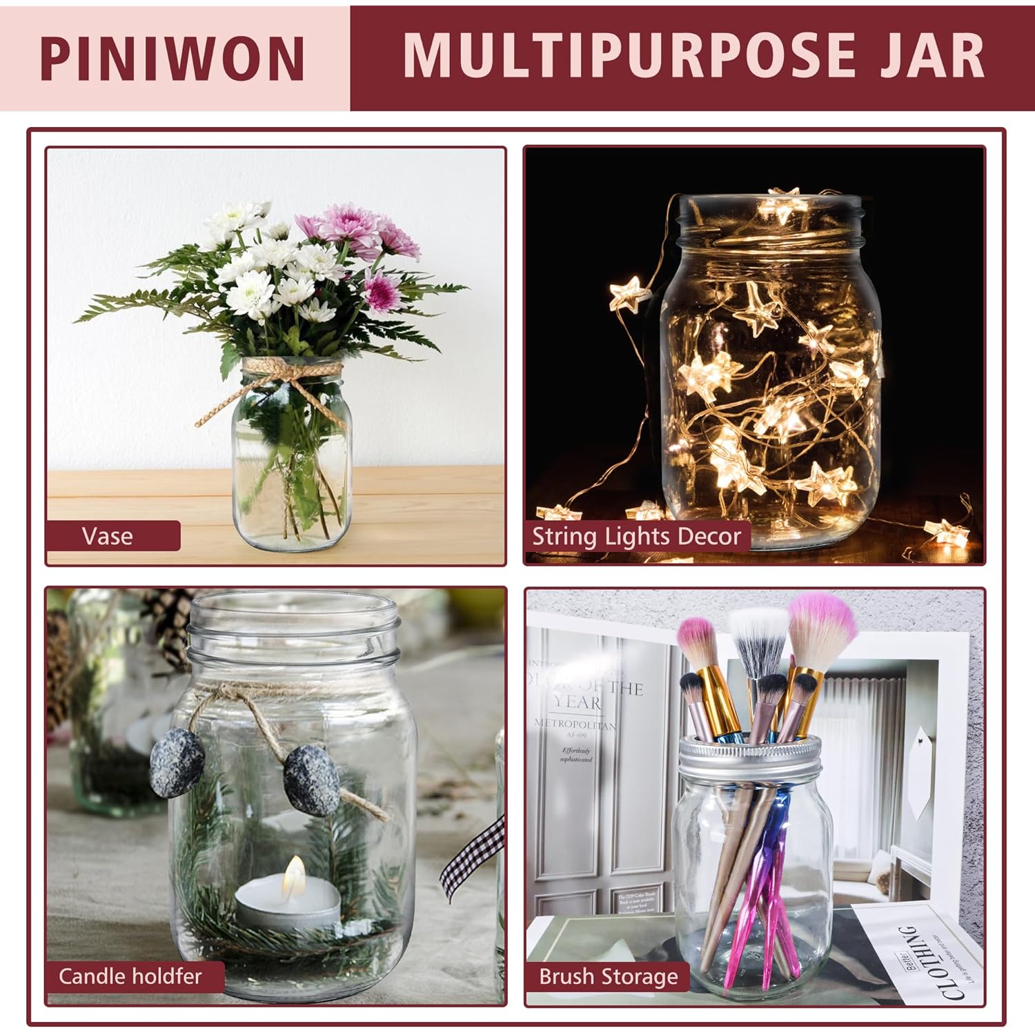 PINIWON Mason Jars 16 oz with Airtight Lids and Bands, 15 Pack Regular Mouth Canning Jars, Clear Glass Pint Jars for Canning, Pickling, Food Storage, DIY Projects, 24 Labels, Brush & String Included