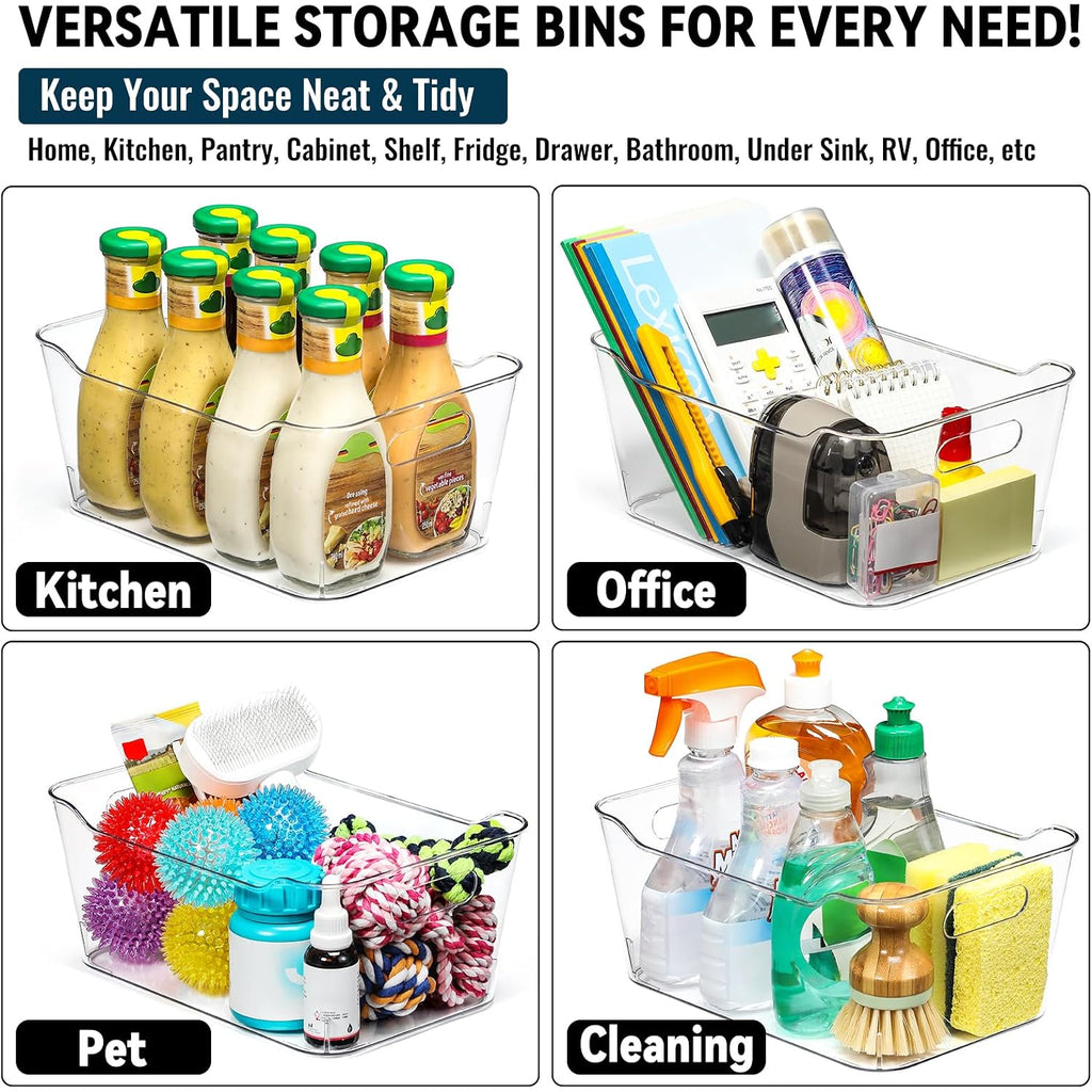 12 Pack Multiuse Clear Plastic Storage Bins For Organizing W/ Labels - Home, Kitchen, Bathroom, Office, Pantry Cabinet Shelf Organizer Bins - Soho Collection, Rv, Fridge Organization Containers