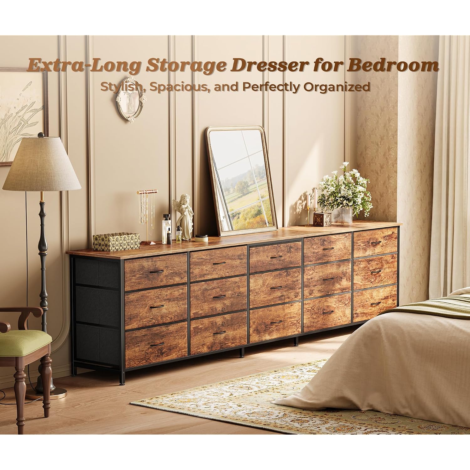 Huuger 78.7 Inch Long Dresser For Bedroom, 15 Drawer Fabric Dresser For Closet, Large Tv Stand For 65, 75, 85 Inch Tv, Wide Chest Of Drawer With Storage, 78.7" W X 12.9" D X 26.7" H, Rustic Brown