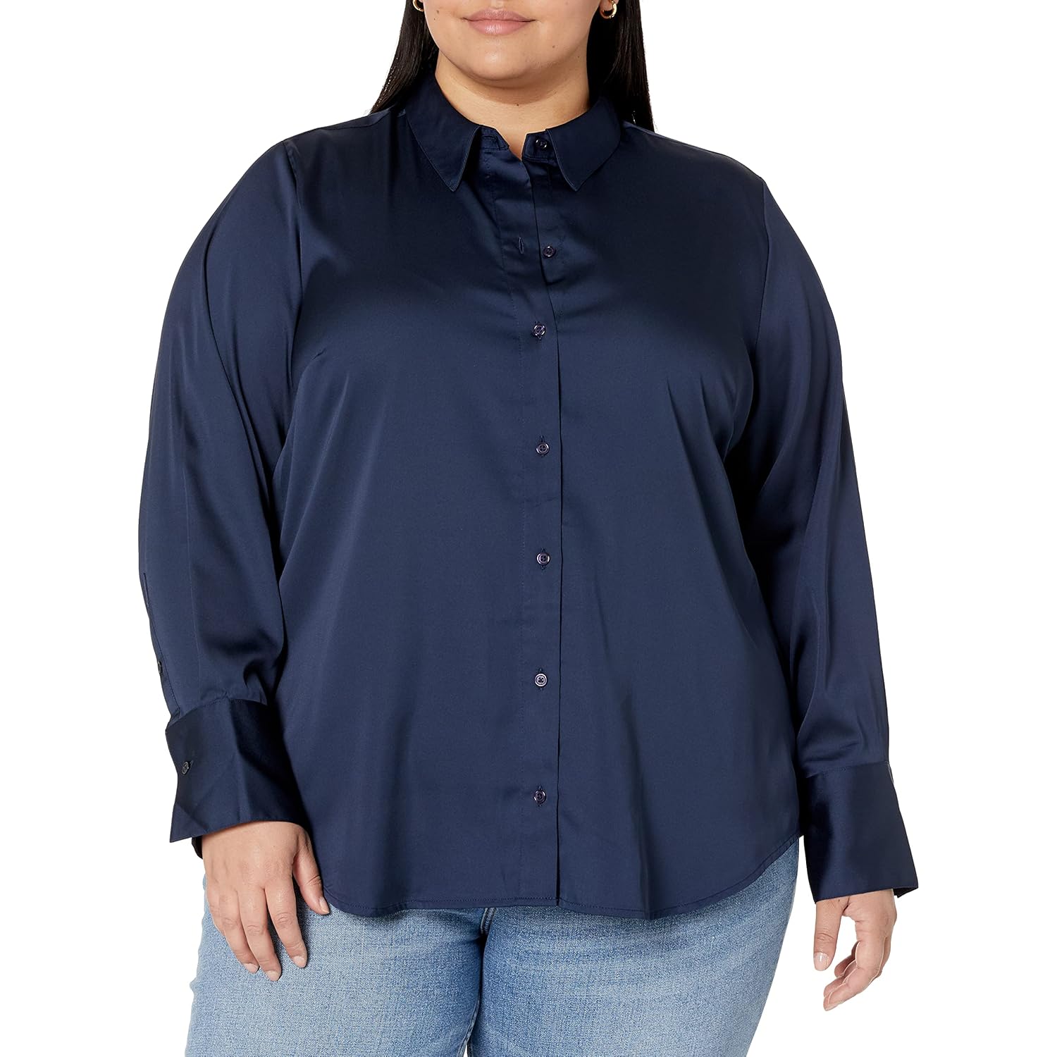 Women's Regular-Fit Long Sleeve Satin Button Down Blouse, Dressy Business Casual
