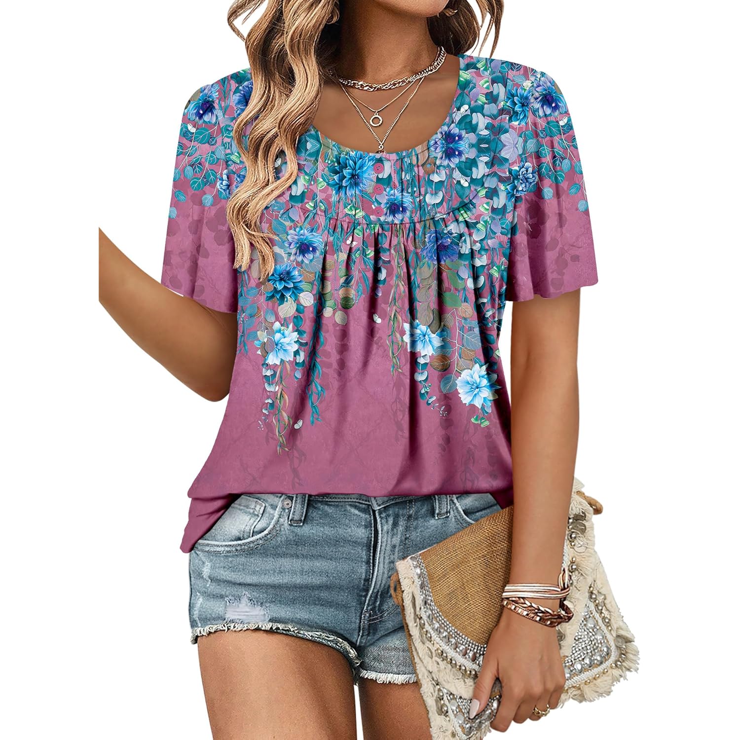 Women's Short Sleeve Summer Tunic Tops Flowy Flare Button Down Tunic Shirts Blouses S-3XL