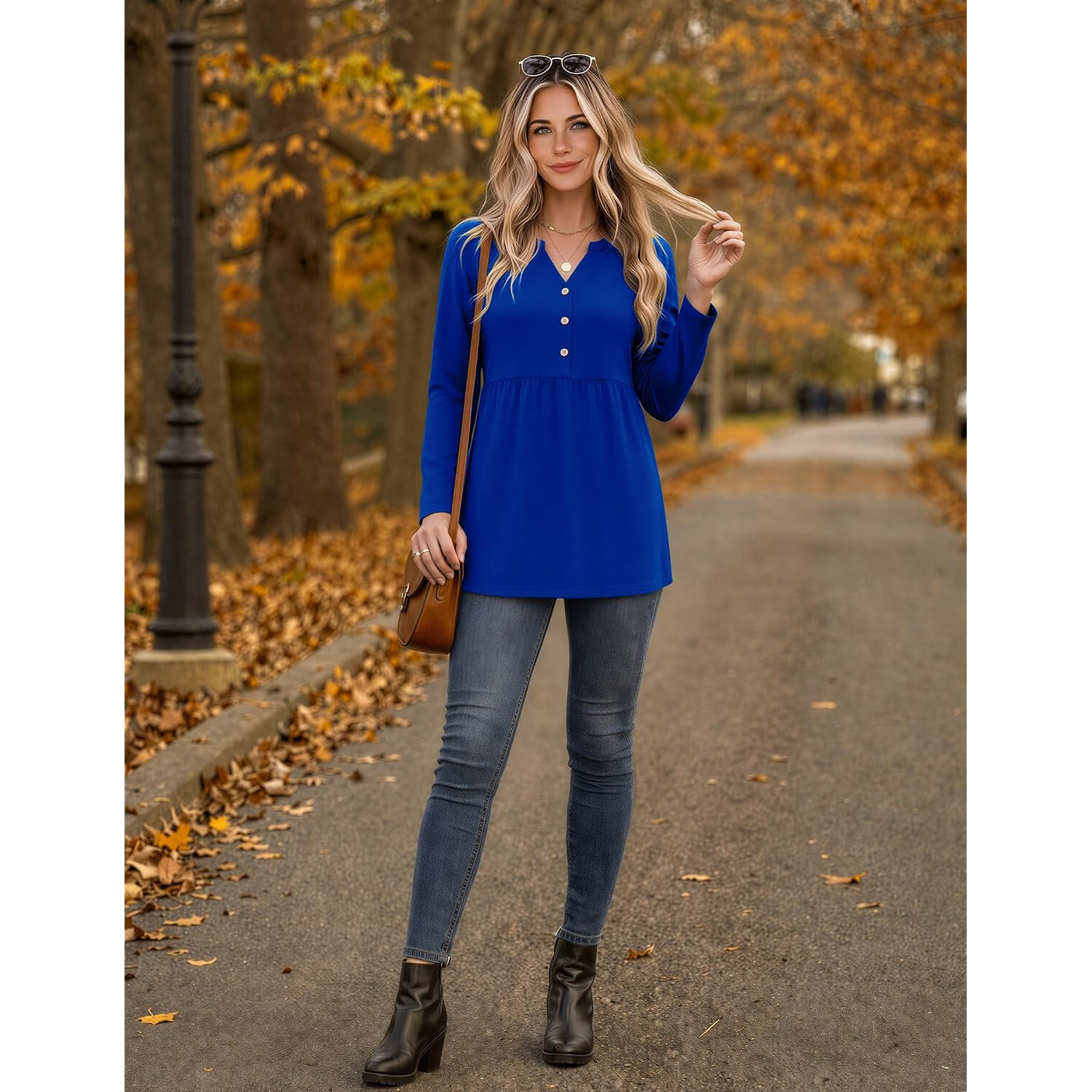 Zeagoo Women Blouses Long Sleeve Shirts Boho Henley V Neck Tops Business Casual Loose Pleated Fashion Clothing