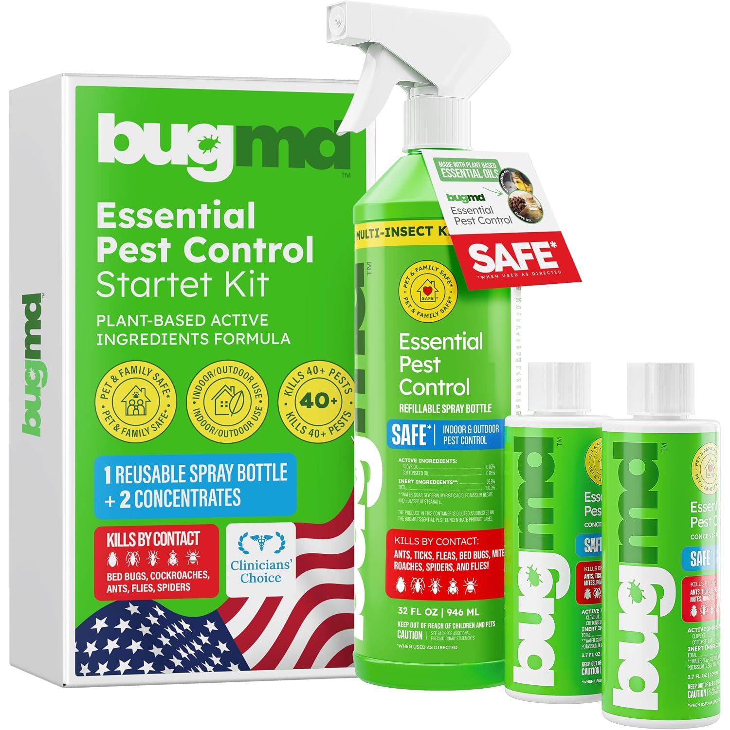 Bugmd Bed Bug Spray, Roach & Ant Killer, Indoor Cockroach Treatment, Pet Safe Plant-Based Pest Control For Home, Kills Spiders Fleas Mites, 64 Oz Kit