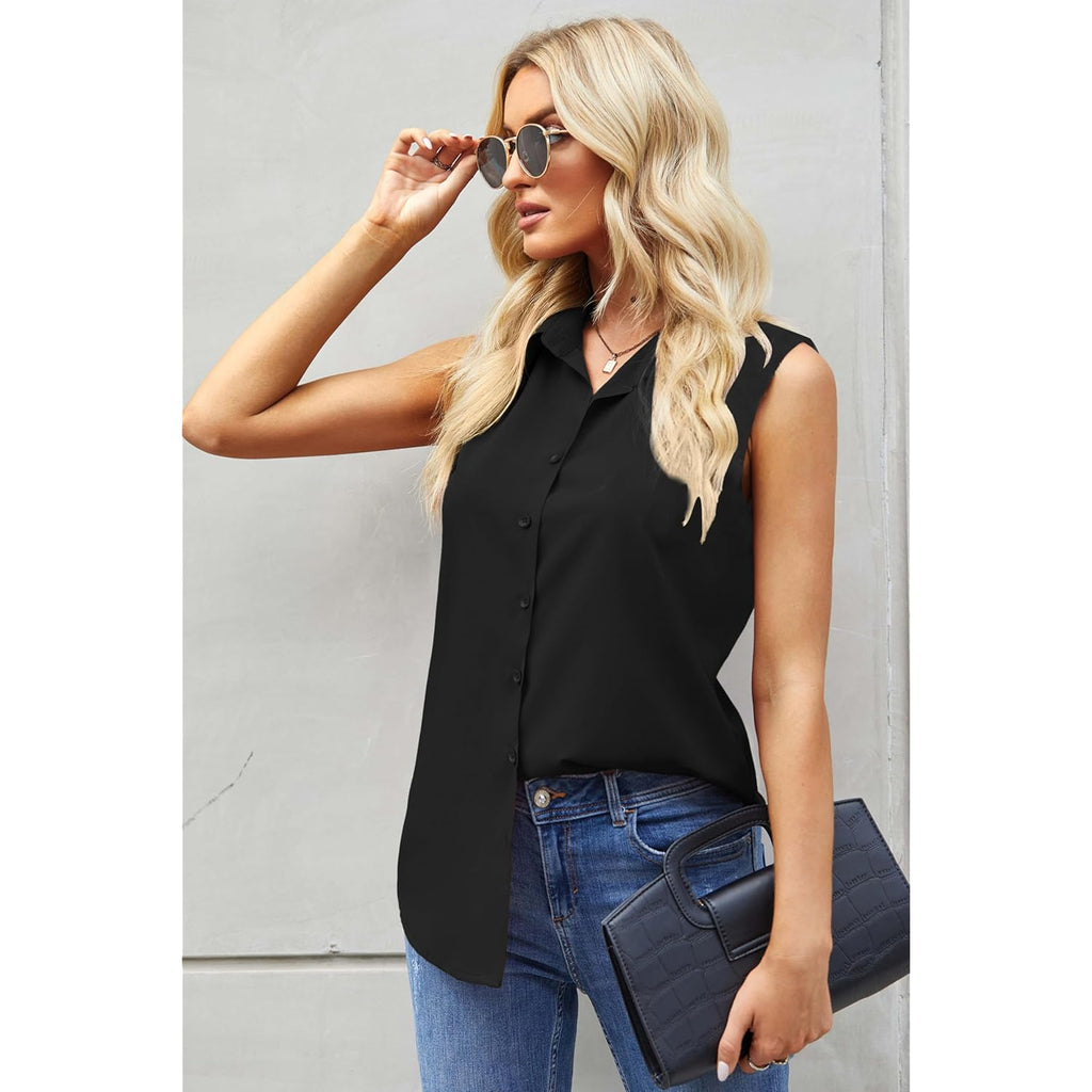 Women's Sleeveless Button Down Shirts Blouses Casual Loose V Neck Tank Tops for Work S-XXL