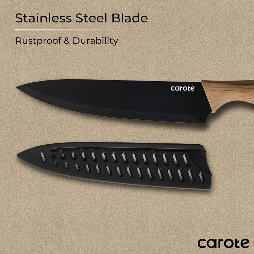 CAROTE 12PCS Knife Set, Stainless Steel Kitchen Knife Set with Nonstick Ceramic Coating, 6 Knives with Blade Guards, Rustproof, Easy-Clean, Black