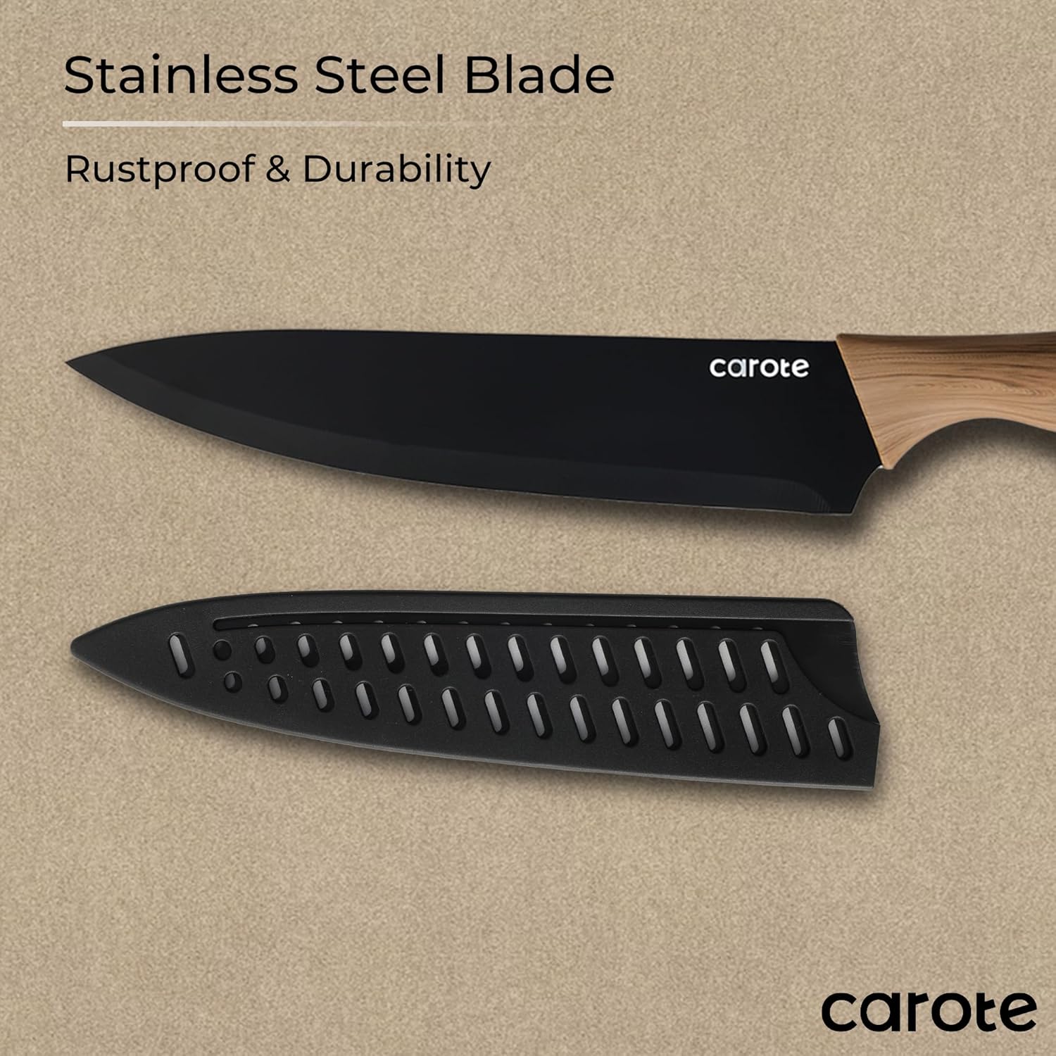 CAROTE 12PCS Knife Set, Stainless Steel Kitchen Knife Set with Nonstick Ceramic Coating, 6 Knives with Blade Guards, Rustproof, Easy-Clean, Black