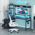 Casaottima 48 Inch Gaming Desk With Hutch & 3 Fabric Drawers, Computer Desk With Usb Ports & Led Lights, Reversible Pc Gamer Table With Monitor Stand For Home Office, Carbon Fiber Black