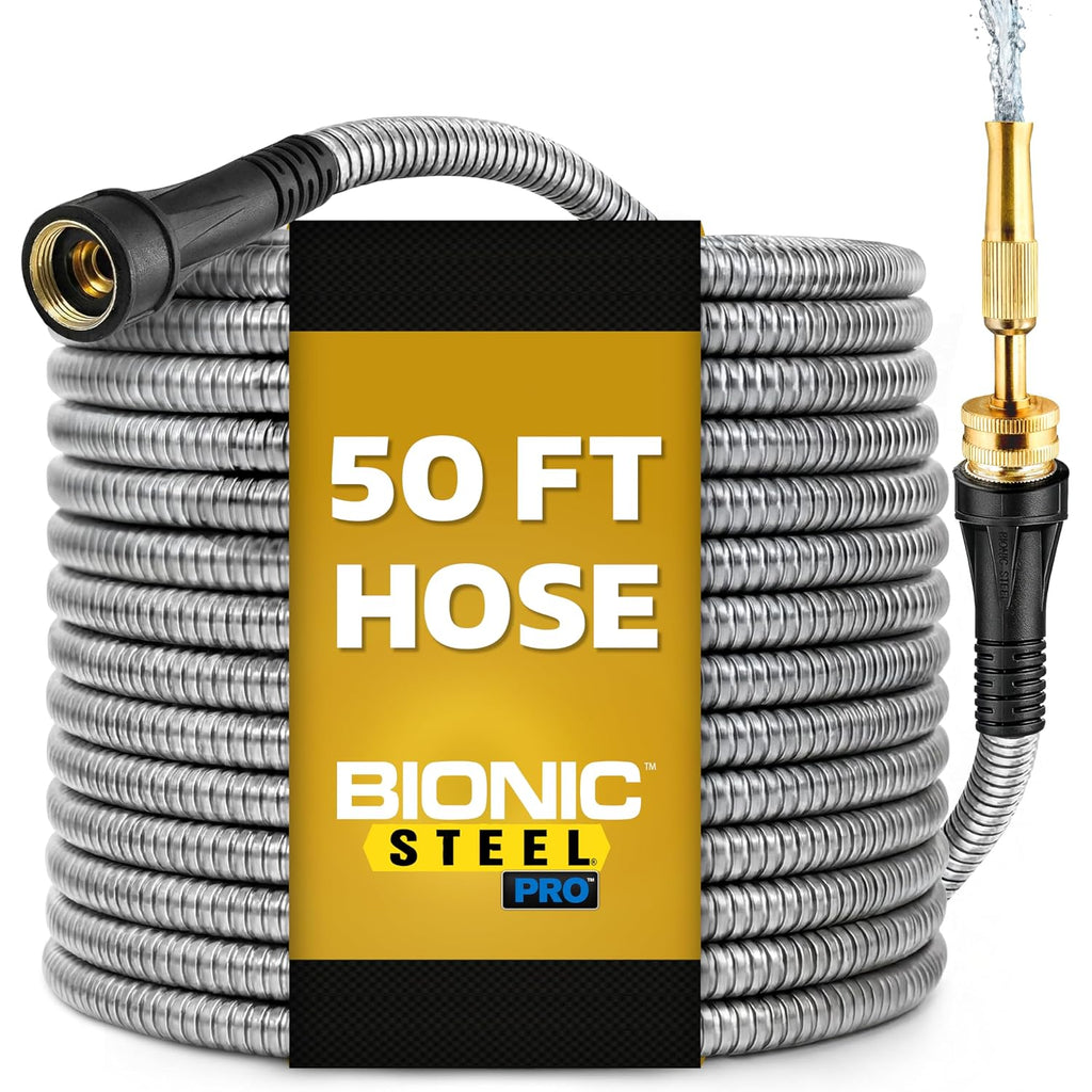 Bionic Steel Pro 50 Ft Metal Garden Hose With Brass Nozzle | Water Hose Made From Heavy Duty 304 Stainless Steel, Flexible, Lightweight, Brass Fittings, Non Kinking, 500 Psi