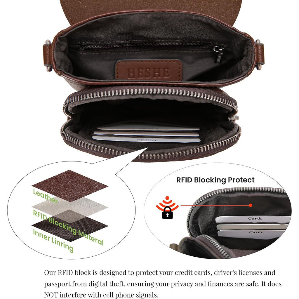 Heshe Leather Small Crossbody Bags For Women Rfid Blocking Cell Phone Purse Anti-Theft Travel Bag With Wide Straps