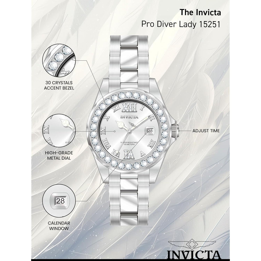 Invicta Women'S 15251 Pro Diver Silver Dial Crystal Accented Stainless Steel Watch