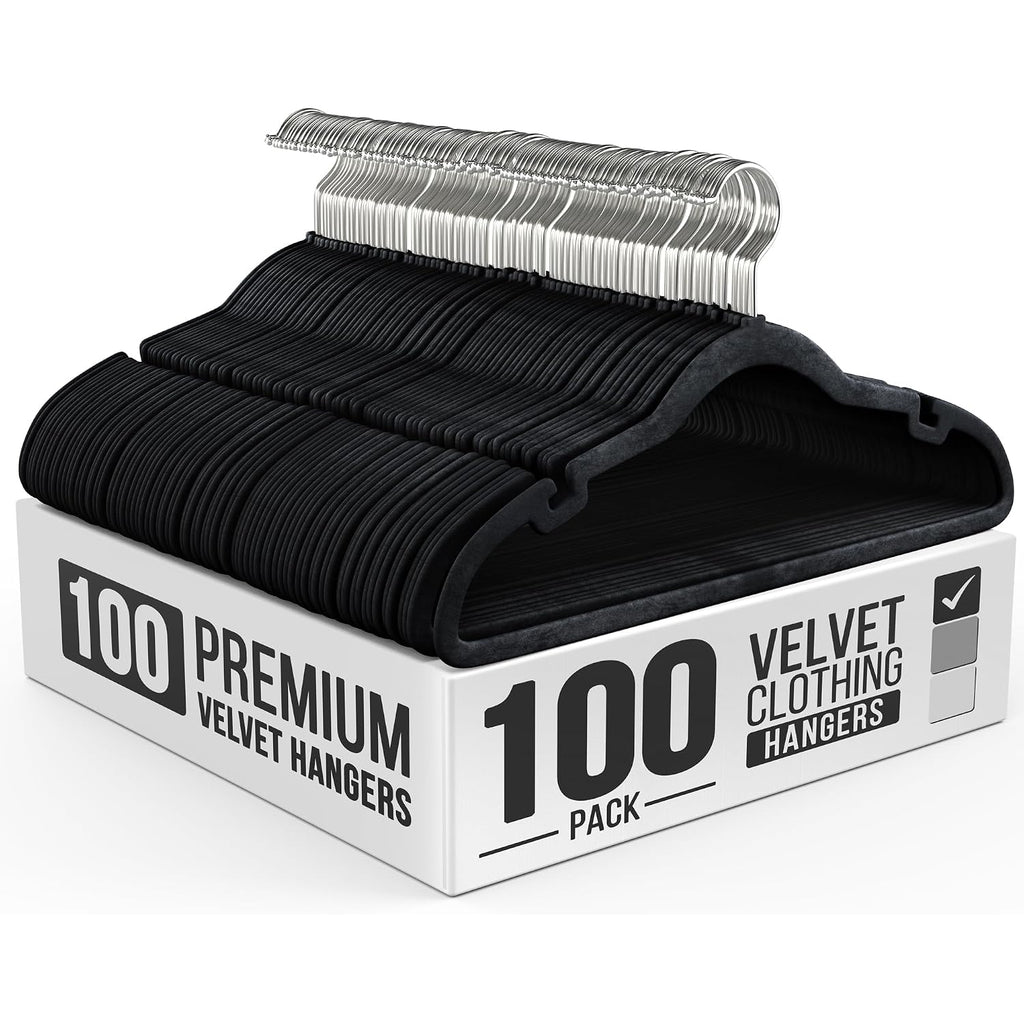 100 Pack Velvet Hanger For Shirt Pants Dresses Skirts Suits Jackets - Slim Space Saving Design - Standard Coat Hanger - Sturdy & Durable Design With Shoulder Grooves Hook
