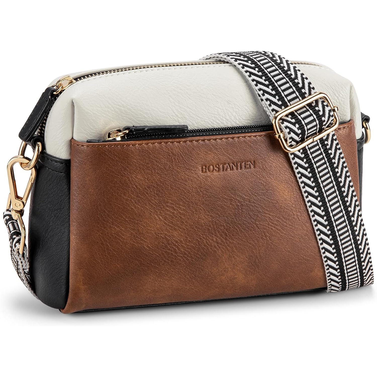 Bostanten Crossbody Purse For Women Triple Zip Cell Phone Leather Handbag With Colored Shoulder Strap
