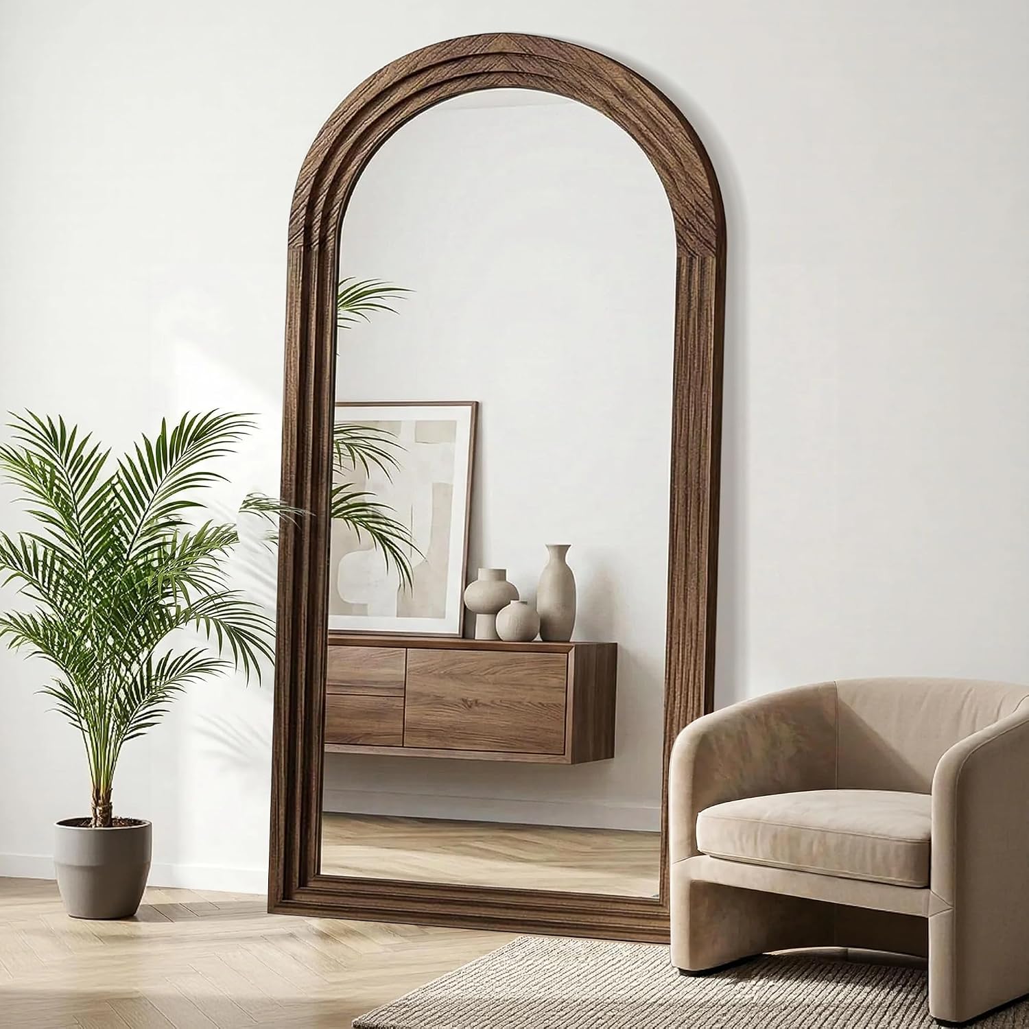 Arched Full Length Floor Mirror With Stand, 75X35 Rustic Farmhouse Solid Wood Frame Wall Mirror For Bedroom, Living Room, Vertical Hanging & Standing(Brown)