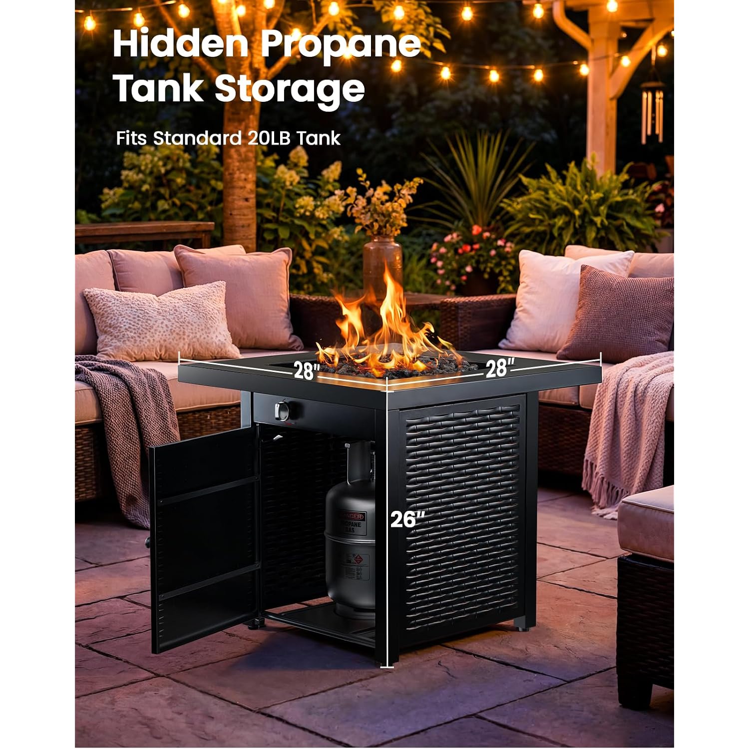 28 Inch Propane Fire Pit Csa-Listed Outdoor Fire Pit Table, 50,000 Btu Steel Gas Fire Pits With Lid And Lava Rock, Add Warmth And Ambience To Parties On Patio Deck Garden,Black,Cifpt3-N1