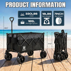 330Lbs Collapsible Folding Wagon, Beach Wagon Cart Heavy Duty Foldable With Big Wheels, Utility Grocery Wagon With 165L Large Capacity For Camping Garden Sports, Black