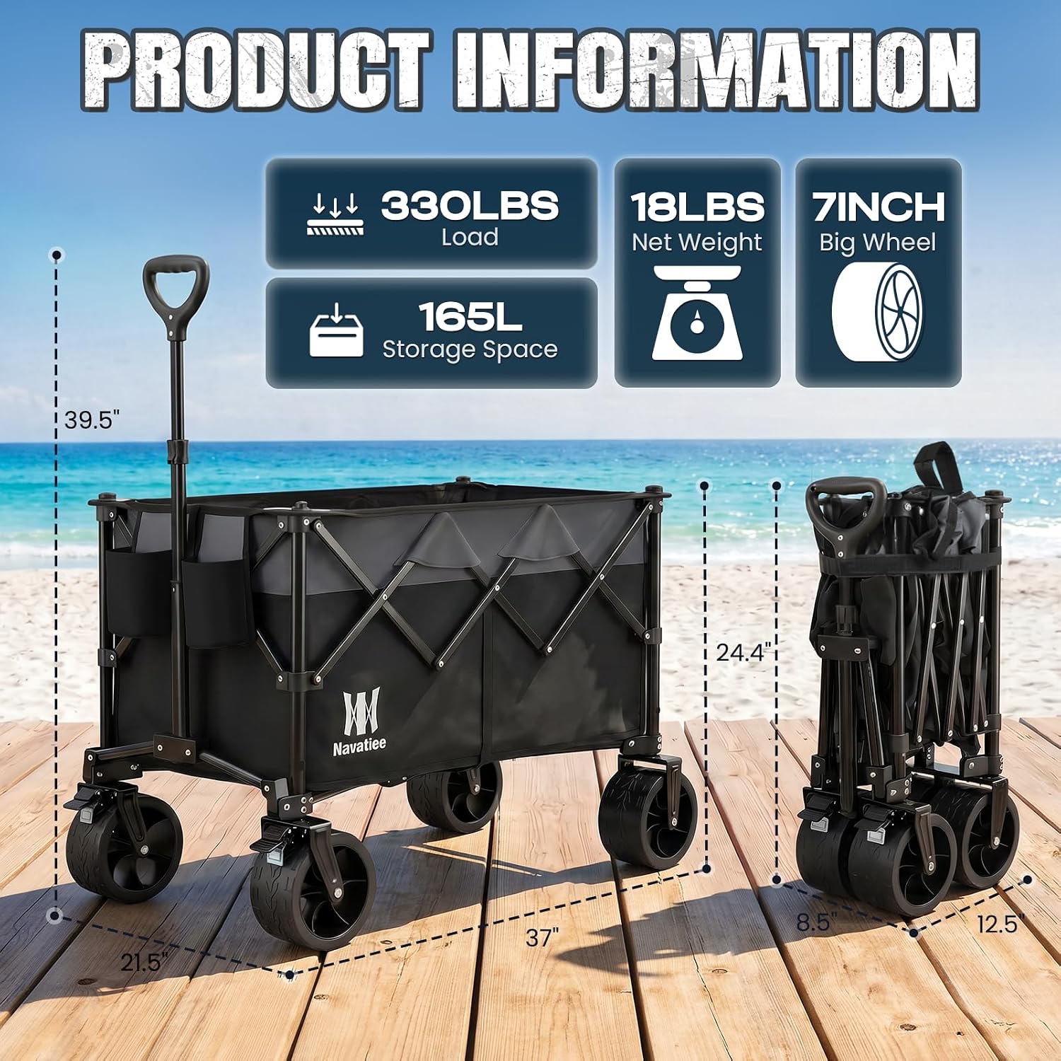 330Lbs Collapsible Folding Wagon, Beach Wagon Cart Heavy Duty Foldable With Big Wheels, Utility Grocery Wagon With 165L Large Capacity For Camping Garden Sports, Black
