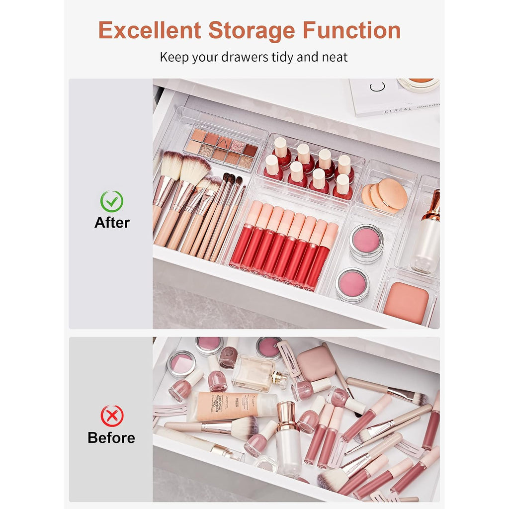 Smartake 13-Piece Drawer Organizer With Non-Slip Silicone Pads, 5-Size Desk Drawer Organizer Trays Storage Tray For Makeup, Jewelries, Utensils In Bedroom Dresser, Office And Kitchen (Clear)