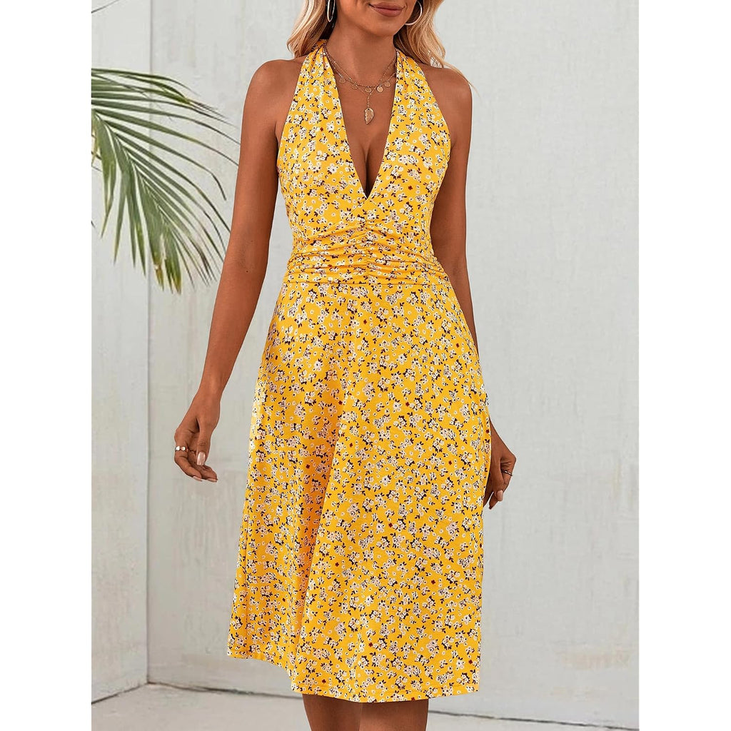 Huhot Women'S Summer Sundress Sleeveless Halter Neck Spring 2026 Floral With Pocket Elastic Waist Ruffle Mini Dresses