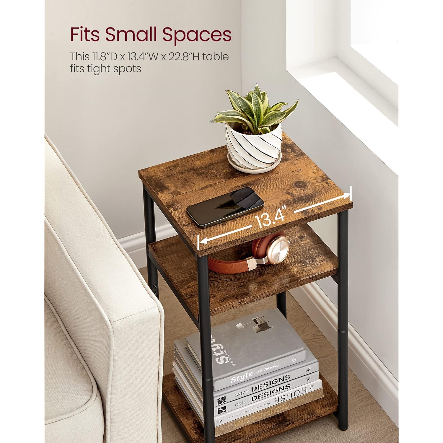 VASAGLE BARNET Collection - Side Table, Small End Table for Living Room, Modern Tall Nightstand, Bedroom, Office, Bathroom, Steel Frame, Rustic Brown and Ink Black ULET273B01