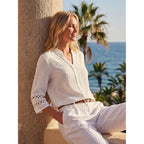 Funlingo 3/4 Length Sleeve Womens Tops V Neck Dressy Casual Blouses Lace Tunic Pleated Shirts Business Casual Outfits 2026