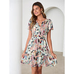 Simplee Women 2026 Floral Summer Short Dress Short Sleeves V Neck Chiffon A-Line Casual Flowy Boho Mini Dresses