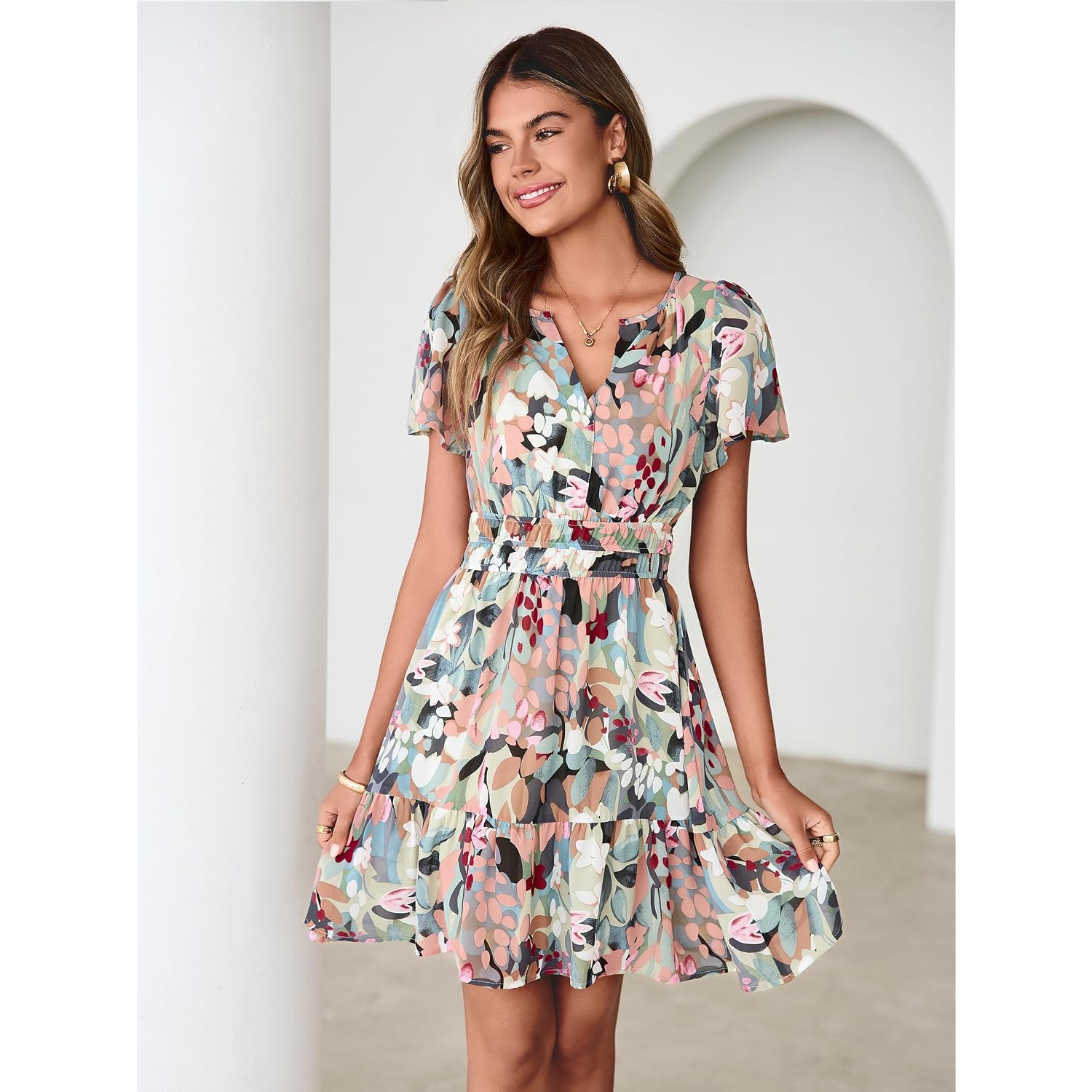 Simplee Women 2026 Floral Summer Short Dress Short Sleeves V Neck Chiffon A-Line Casual Flowy Boho Mini Dresses
