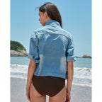 Womens 3/4 Sleeve Short Denim Jacket Lapel Button Down Cropped Trucker Jean Jackets Coats
