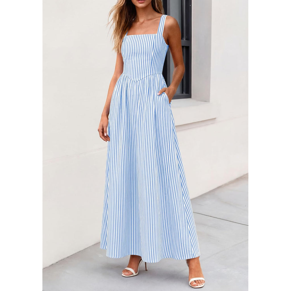 Prettygarden Women'S Maxi Dress Summer Striped Sundress 2026 Spring Smocked A Line Long Flowy Beach Vacation Party Dresses