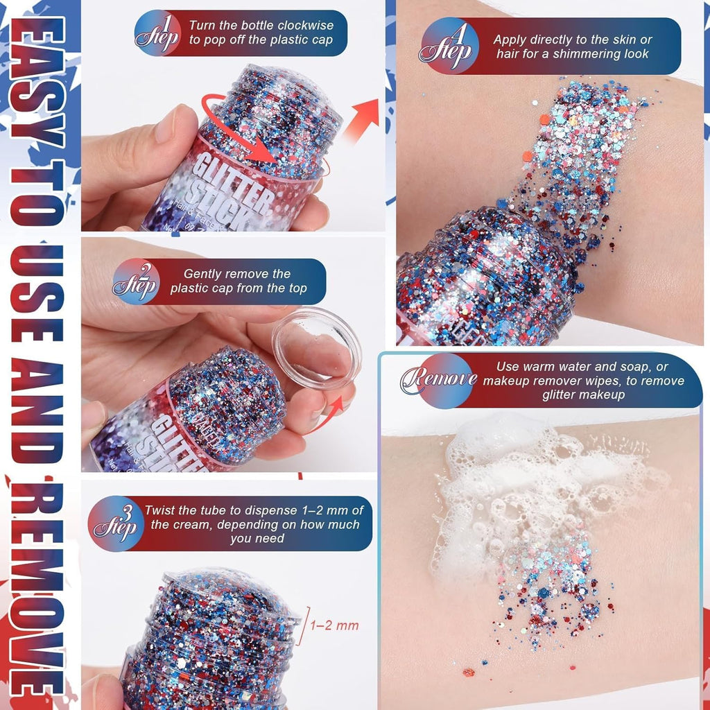 DAGEDA Red White Blue Face Body Glitter Stick,4th of July Accessories Sparkling Hair Glitter Makeup,Patriotic Red White and Blue Patriotic Accessories,Fourth of July Outfit Flag Glitters Makeup