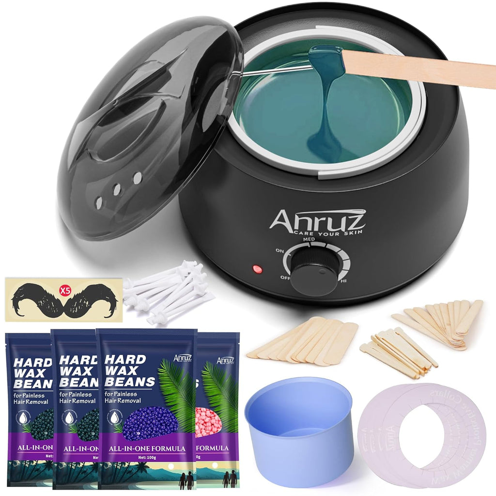 Anruz Waxing Kit for Women Men - Wax Kit for Hair Removal with Silicone Bowl,4 Bags Hard Waxing Beads and 30 Sticks - at Home Use Wax Warmer for Full Body, Bikini, Eyebrow, Face, Sensitive Skin