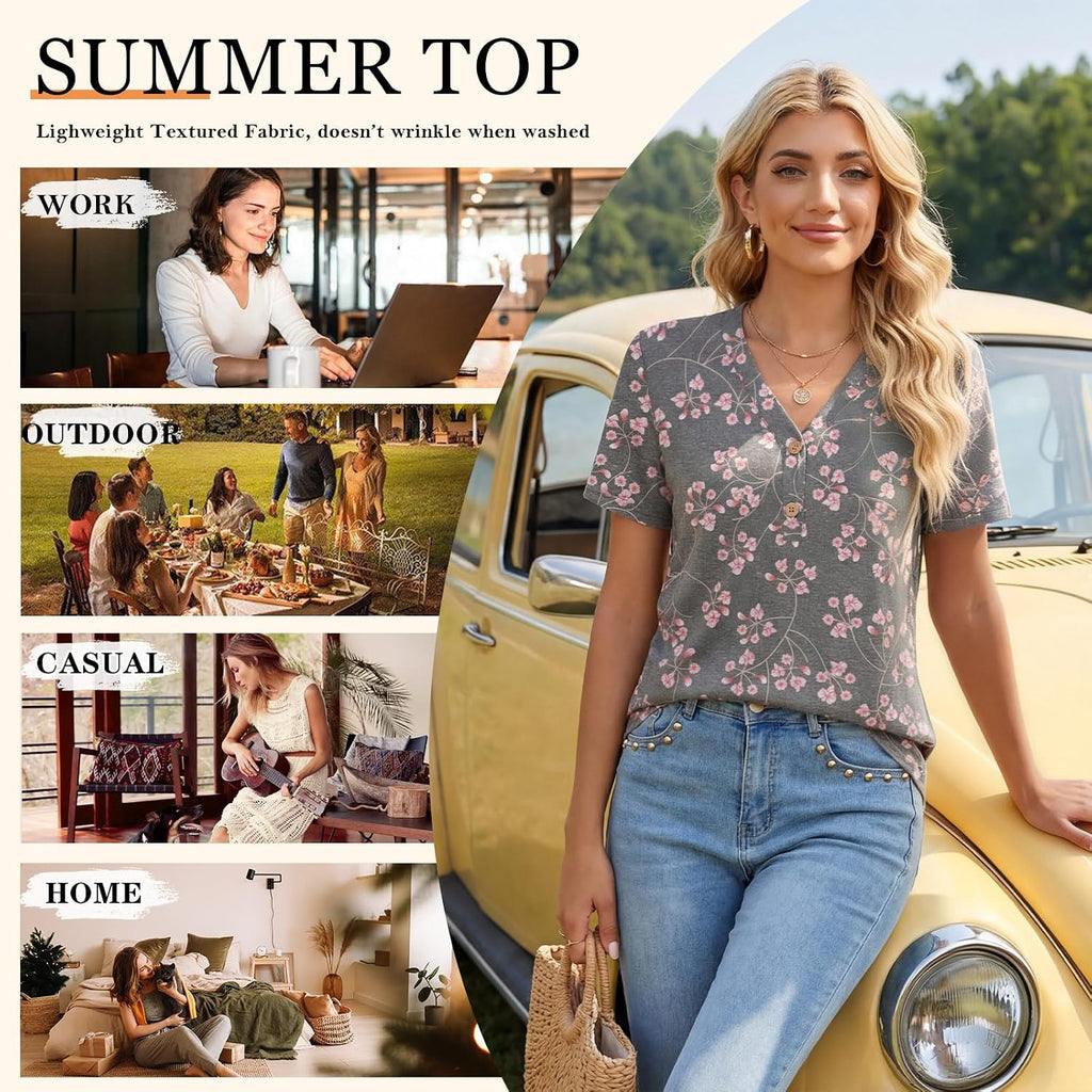 BISHUIGE Womens Henley Tunic Tops Button Up Tshirts Short Sleeve Vneck Casual Blouses