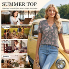 BISHUIGE Womens Henley Tunic Tops Button Up Tshirts Short Sleeve Vneck Casual Blouses