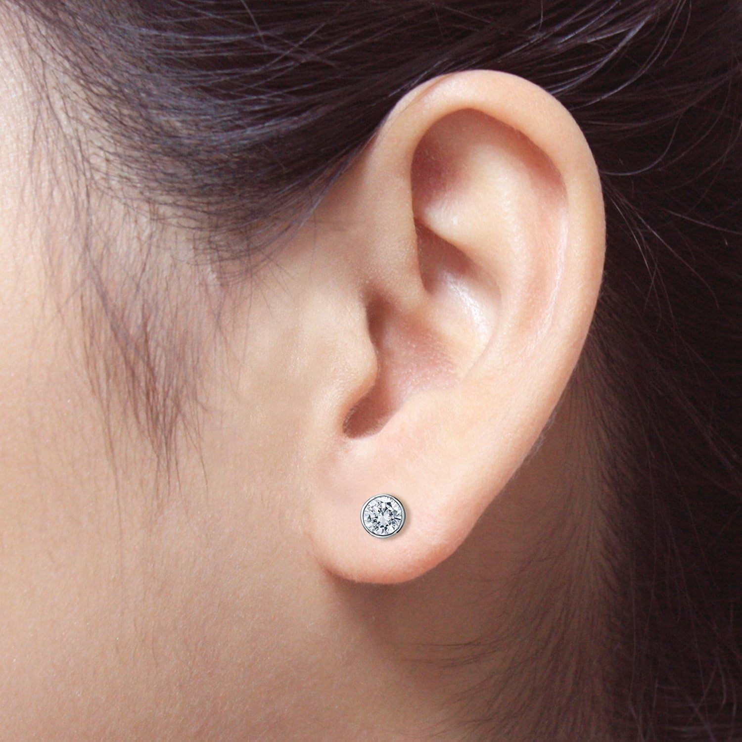 1/6 to 2 Carat Diamond Round Stud Earrings in 14k White Gold (I1-I2, cttw) Bezel Set Screw Back by Diamond Wish